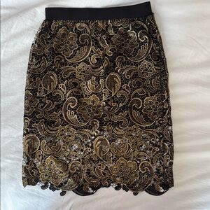 Black & Gold Floral Lace Pencil Skirt